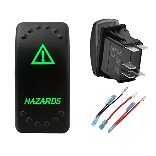 Image of Green Backlit Rocker Switch 5 Pin ON-Off Laser Etched Button Switch with Wires for Car Marine Boat UTV 20A /12V 10A /24V (Hazards)