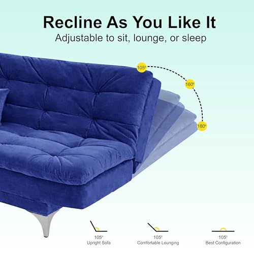 Image of Modern 3 Seater Sofa Cum Bed with Cushions, Foldable Convertible Couch, Velvet Fabric Sleeper Sofa for Living Room, Guest Room, Blue