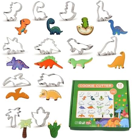 12 Pcs Dinosaur Cookie Cutters, Footprint, Dinosaur Eggs,Brontosaurus, Camarasaurus, Stegosaurus, Thiceratops Stainless Steel Cookie Cutters for Baking (Dinosaur)
