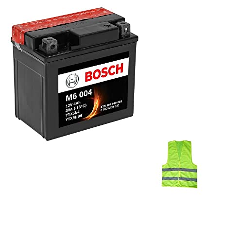 Descrizione e caratteristiche del prodotto: Batteria Bosch YTX5L-BS M6004, completa di L-fluid, già installata da noi. - Pronta all'uso, già carica - Richiede solo il montaggio. --pre-caricata (attivata in fabbrica) - sigillata/ermeticamente, -12 Volt 4 Ah ampere - dimensioni: 115 x 72 x 107 mm - separatore AGM - capacità (10 ore) 4 Ah - capacità (20 ore) 4,2 Ah - CCA 30 A nell'indice del titolo. Indichiamo il modello specifico per la tua moto, scooter o quad.