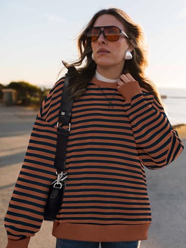 PRETTYGARDEN Women Striped Oversized Sweatshirt Color Block Crew Neck Long Sleeve Casual Pullover Top Spring Y2K Clothes (Brown Navy, Small) — view 6