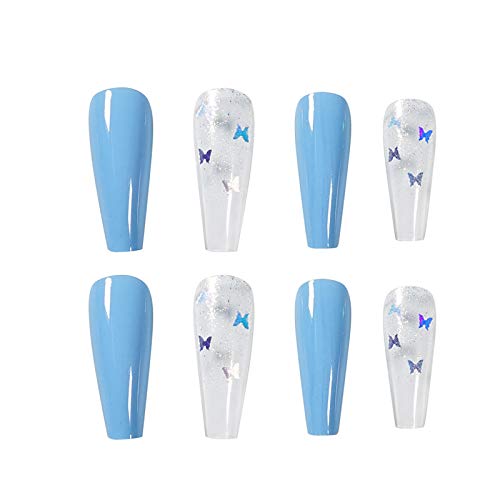 Vaveah 24 Pcs Press on Nails Coffin for Women, Extra Long Fake Nails Glue on Nails, False Nails with Glue (Blue Clear Butterfly)