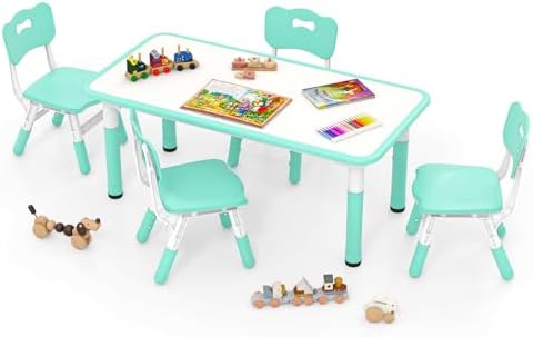 INFANS Kids Table and Chiar Set, Height Adjustable Toddler Desk and 4 Chairs with Graffiti Desktop Non-Slip Legs, Large 47" L x 23.5" W Multi-Activity Art Table for Daycare Classroom Home (Green)