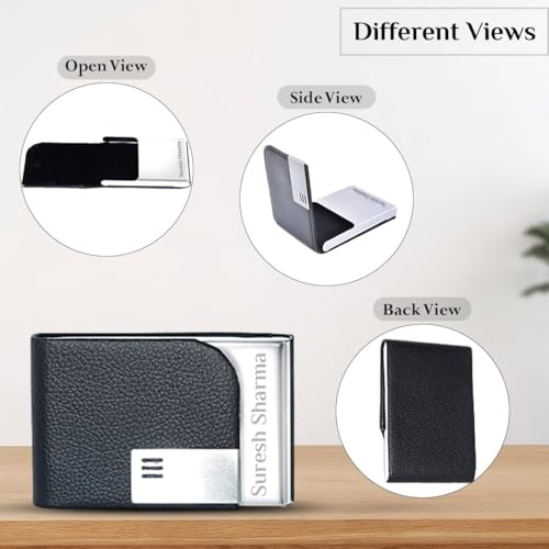 Image of Personalized Card Holder, PU Leather Steel Professional Business Card /Debit Credit Card Holders Men, Women Day Gift, Corporate Gift for Employees (1.5 x 9.5 x 6.5 cm) (Black 1)