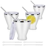 SuperCook Stainless Steel Martini Glass with Lid, Double Wall Vacuum Insulated Stemless Cocktail Glasses, Stay Icy Cold Wine Tumbler with Straw, Set of 4, 12 Oz, White