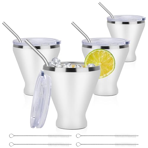 SuperCook Stainless Steel Martini Glass with Lid, Double Wall Vacuum Insulated Stemless Cocktail Glasses, Stay Icy Cold Wine Tumbler with Straw, Set of 4, 12 Oz, White