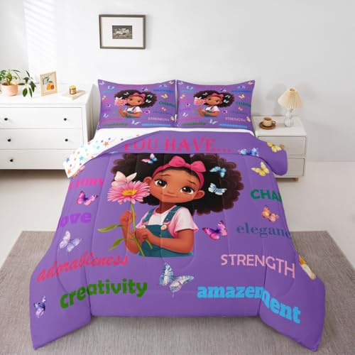 Image of Erosebridal Black Girls Magical Comforter Set Butterflies Inspirational Quotes Full Bedding Set African American Comforter Afro Pretty Girls Duvet Insert for Nursery Kids Princess Cute Room Decor