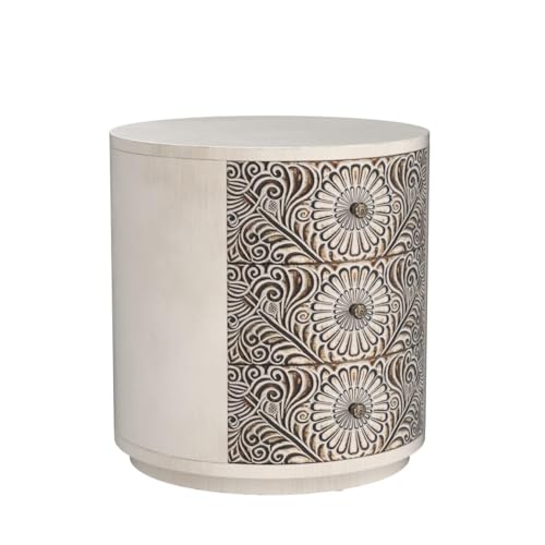 Image of HOMPUS Round End Table with Carved Floral Pattern, Vintage Nightstand w 3 Storage Drawers, Modern 3 Drawer Dresser, Wood Retro Accent End Table for Living Room, Bedroom, Distress White
