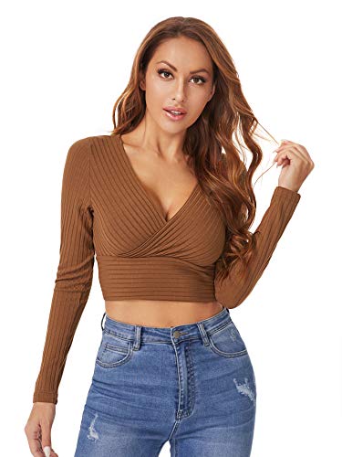 Verdusa Women s Surplice V Neck Long Sleeve Rib Knit Crop Tee Top Rust Brown S