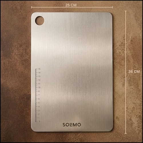 Image of Amazon Brand - Solimo Round Chopping Slicing, Kneading Board | Stainless Steel | Double Sided | Round Edge | for Vegetables, Fruits (L)