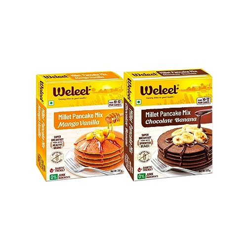 Image of Weleet Millet Pancake Mix Powder Combo | Mango Vanilla & Chocolate Banana Flavour | 0% Maida, Gluten-Free, Diabetic Friendly - 200 gm Each (Pack of 2)