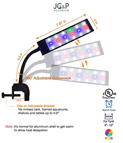Jc&P Full Spectrum Aquarium Led Adjustable Clip On Light With Red, Green, Blue And White Leds Aquatic Fish Tank Light With Dimmer, Timer, Color Modes And Control 7" #TOP2