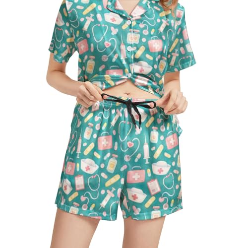 Image of Funny Pajamas for Women Set Print Satin Loungewear Pjs Short Sleeve Button Down Top and Shorts Sets Sleepwear XS-3XL