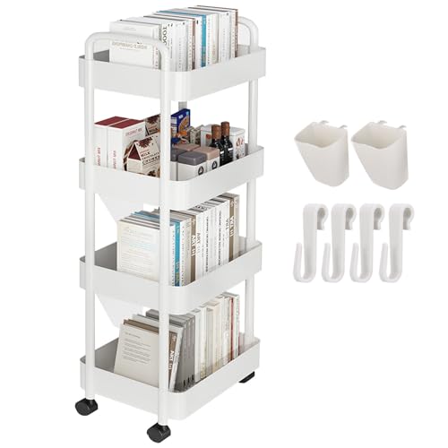 SENENQU 4-Tier Plastic Storage Trolley on Wheels, White Rolling Utility Cart with Handles, Mobile Storage Cart Unit Organizer for Kitchen Bathroom Bedroom Office – 41 x 25 x 107cm