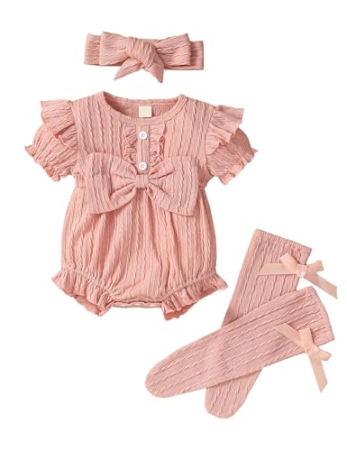 Image of puseky Newborn Baby Girl Clothes 3Pcs Ruffled Sleeve Romper Solid Bodysuit Jumpsuit with Matching Headband and Socks
