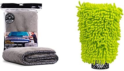 Chemical Guys MIC1995 Gray Woolly Mammoth Microfiber Dryer Towel (36" x 25") & MIC493 Chenille Premium Scratch-Free Microfiber Wash Mitt, Lime Green, 9.6" x 2.3" x 7"