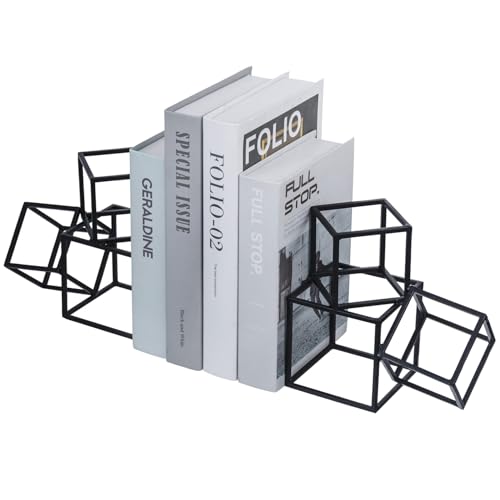 MyGift Modern Black Metal Geometric Bookends, Decorative Book Ends Stands for Home Library Bookshelf Office Desk, 1 Pair, Handcrafted in India, 3 Cube Frame Design