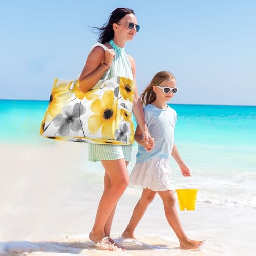 Beach Bag Floral Gray Yellow for Women Large Beach Tote Bag with Zipper for Travel Vacation3