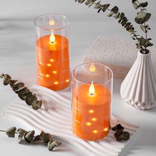 Image of Da by Flickering Flameless Candles with Remote,Acrylic LED Candles with Embedded Star String,Battery Operated Candle, for Home and Holiday Decoration Set of 3(Orange) (Pack of 2)