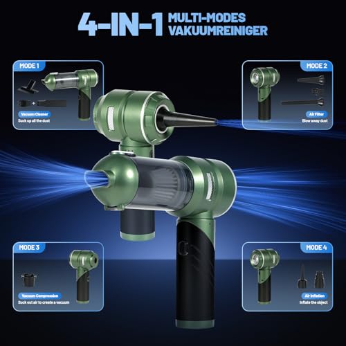 Hansilk Aspirabriciole Senza Fili 25000Pa Aspirapolvere Auto Portatile Potente Con Funzione 4 In 1 Aspirazione Soffiaggio Gonfiaggio Svuotamento Per Casa Ufficio Animali Cucina-Verde Scuro - 2