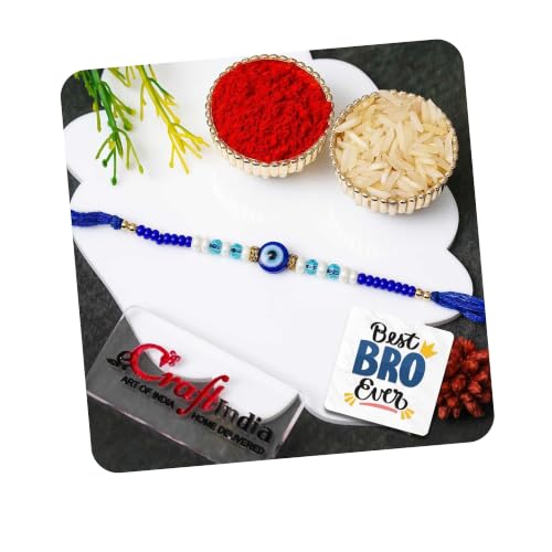 Image of eCraftIndia Blue Evil Eye Rakhi for Brother with Gift Combo Set Hamper | Raksha Bandhan Rakhi for Bhai Bhaiya Bhabhi | Best Bro Ever Fridge Magnet | Roli Chawal Pack