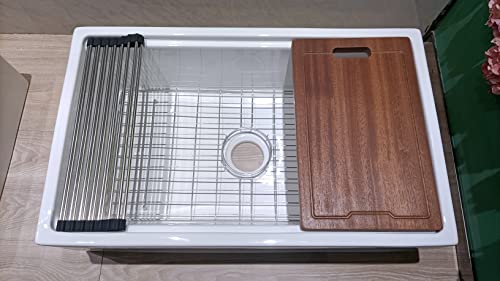 MEJE #KS 76,2 x 50,8 cm Schürze mit Stufenrand, Arbeitsstation, Bauernhaus-Küchenspüle, Keramik-Einzelschüssel mit Schneidebrett, Gitter und Sieb – Weiß