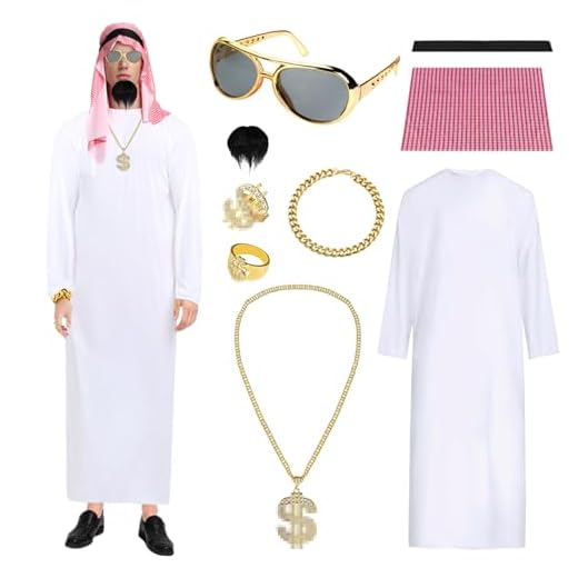 Gxlaihly Conjunto de Disfraz jeque, Disfraz de jeque árabe, Bata blanca árabe con pañuelo en la cabeza, Anillo,Collares, Pulsera, Gafas de sol, para Carnaval de Cosplay de Halloween (XL)