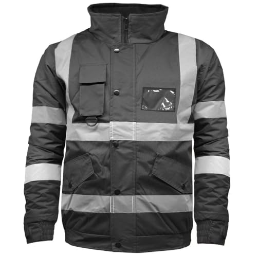 Image of Candid Styles® Hi Vis Viz Bomber Jacket High Visibility Workwear Safety Security Hooded Padded Waterproof Taped Seams Work Wear Coat Top (Black, Large)