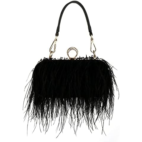 Luxury Ostrich Feather Evening Clutch for Women Fashion Feather Tassel Chain Shoulder Bag Party Purse Wedding Handbags (Black) Cover