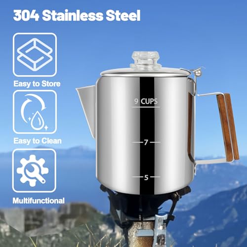 Image of 9 Cup Percolator 304 Stainless Steel Coffee Pot Coffee Maker Coffee Machine with Solid Wood Handle Transparent Knob Stovetop Greca Mocha for Induction Home and Camping 1500ml 50.7oz
