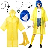 Carreuty Disfraz de mujer con peluca azul Bob, 7 piezas, impermeable, amarillo, red para el pelo, gafas, 2 collares, pinzas para el pelo, calcetines de libélula, disfraz para mujer, carnaval, cosplay