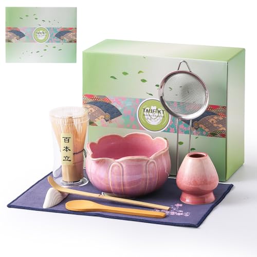 TAUFIKT Matcha Whisk Set, Ceramic Matcha Set 8 Pcs, Matcha Kit Set Includes Matcha Bowl, Matcha Whisk and Holder, Bamboo Scoop and Rest, Sifter and Tea Towel, Ideal Gift for Family/Friend (Pink) by TAUFIKT - Used condition - US$22.11