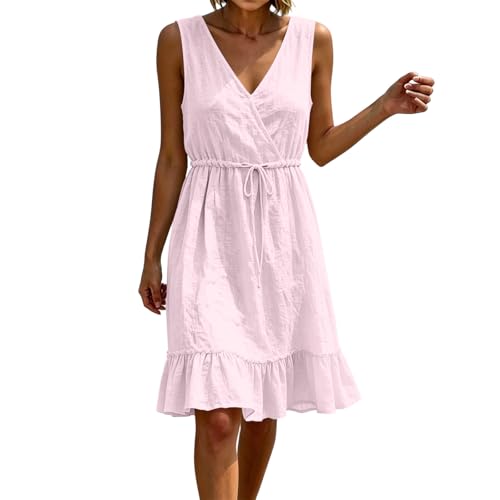 Image of Midi Sundress for Women UK V Neck Sleeveless Cotton Linen Dress Summer Casual Loose Fit Midi Dresses Ladies Comfy Lounge Tank Vest Dress Beach Holiday Elegant Sundress Pink