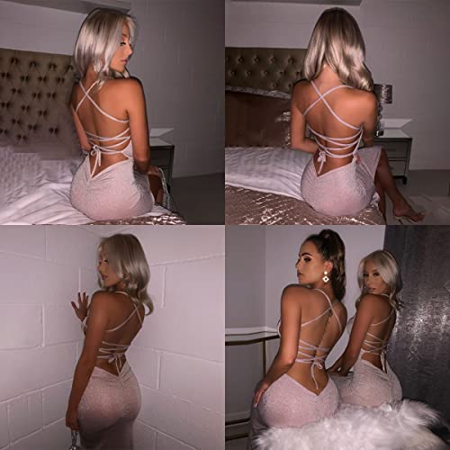 Women's Sexy Glitter Spaghetti Strap Bodycon Lace Up Backless High Split Long Maxi Dress Party Night Club Cocktail Dresses Pink #TOP4