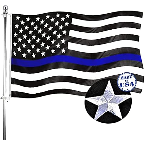 Thin Blue Line American Flag 3x5 Outdoor Made In USA- Police Flag Blue Line- Law Enforcement Blue Lives Matter Flags Heavy Duty 210D Nylon with Embroidered Stars 4 Stitches Hem Cover