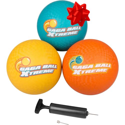 Gaga Ball 8.5 Inch Playground Balls w Air Pump (3 pk)- Durable Rubber Balls Official Size for Dodgeball & Handball - Great for Outside Play, School Recess Games & Kickball - Holiday Xmas Gift for Kids