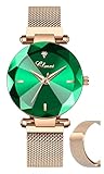 Reloj de pulsera para mujer, esfera de cristal, correa magnética, correa de malla de acero inoxidable de oro rosa (oro rosa, verde)
