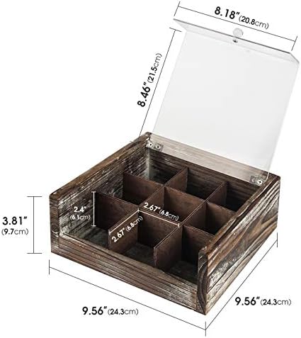 J JACKCUBE DESIGN 9 Compartments Rustic Wood Tea Bag Storage Organiser, Tea Chest Box with Acrylic Transparent Hinged Lid - MK581A