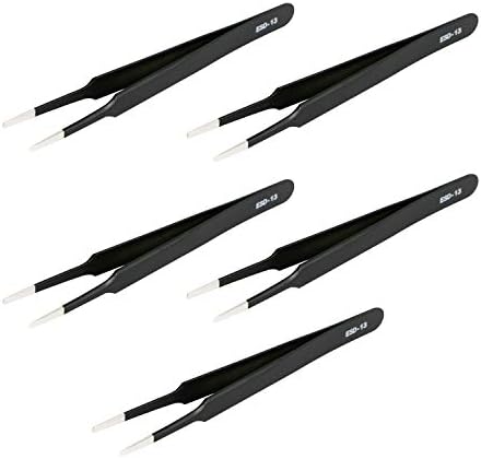 Uxcell ESD-11 Anti-Static Tweezers – 5.5 Inch Straight Pointed Tip, Non-Magnetic Stainless Steel With ESD Coating, 5-Pack For Jewelry, Electronics, And Crafts