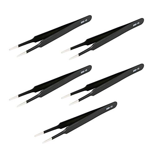 Aoje-Link ESD-13 Professional Anti-Static Precision Technology Tweezers, Non-Magnetic Flat and Round, Stainless Steel Plastic Coated, Full Length 120mm, Black, 5pcs