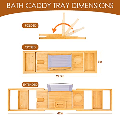 Foldable Bathtub Caddy Tray, Bamboo Bath Tub Tray Table For Tub With Wine Glass Holder Book Phone Tablet Holder With Extending Sides, Adjustable Bathroom Bathtub Free Soap Holder Gift Idea (Beige) #TOP3