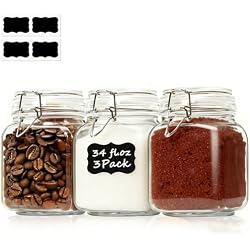 ComSaf Glass Storage Jars 34 oz 3 Pack for Flour Sugar, Coffee Canister | Airtight clamp lids, 3.3-inch wide mouth, four labels, Square clear canisters, tea, herbs, pickles and pantry organization