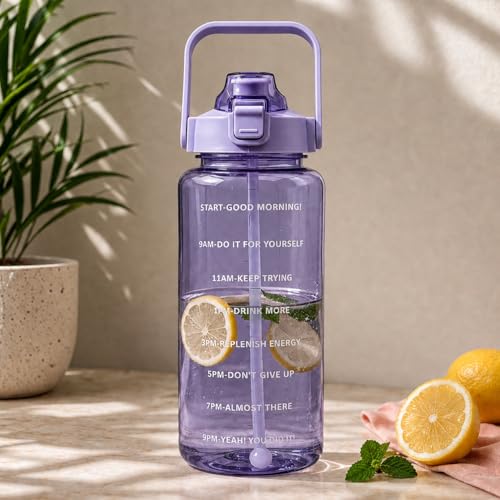 Image of DFIT 2L Transparent Motivational Water Bottle with Motivational Quotes, Time Marker, cute stickers, sippers, Leakproof Durable BPA Free Non-Toxic Plastic Bottle for Fitness, Gym (Purple)