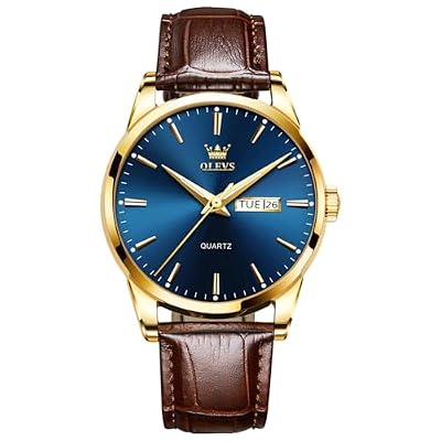QBAIZI Leather Watches for Men Blue Face Gold Watch with Brown Band Nice Luxury Day Date Analog Dress Watch for Men Easy to Read Minimalist Quartz Casual Male Watches Waterproof Relojes para Hombres