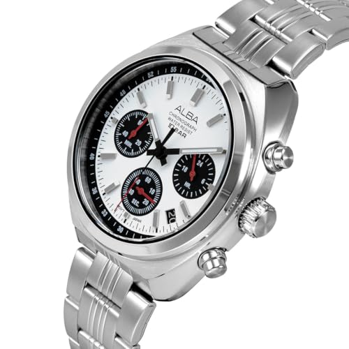 Image of ALBA AT3K11X1 Chronograph Analog Watch for Men | Seashell White Panda Dial | Japanese Quartz VD53 Movement | Stainless Steel Bracelet | 1 /10 Second Chronograph | Date Display | 10 BAR Water Resistant | Mineral Crystal