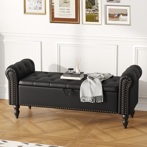 Ckaff Banc de Rangement 132cm, Banc Bout de Lit Coffre de Rangement, Repose-Pieds Pouf avec Espace de Rangement en Similicuir pour Chambre à Coucher Salon Couloir Entrée, Noir