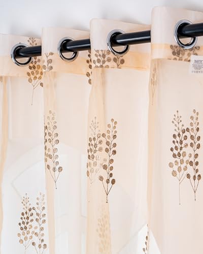 Image of (7 ft Tissue Embroidered Curtain | Leaf Design Eyelet Window Curtain | Vintage Classical Floral Print | for Home | Beige & Grey (Pack of 2) | 213 L x 121 W Centimeters