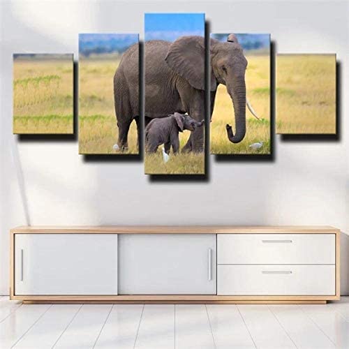 Tableau Multi Panneau 5 Parties Porte Animal Éléphant (Sans Cadre 150 X 80 Cm) Art Mural Motif Moderne Impression Sur Toile Intissee, Tableau Deco,Peinture...