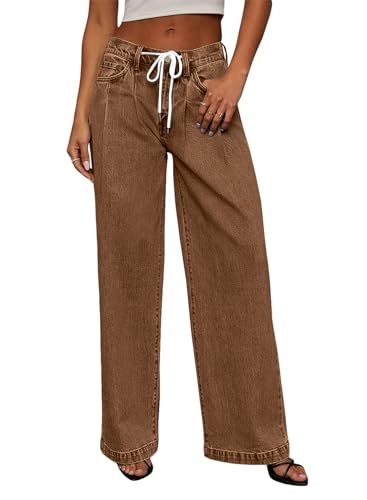 Sidefeel Women's Drawstring Jeans Wide Leg High Waisted Baggy Stretchy Elastic Waist Sweatpant Jeans