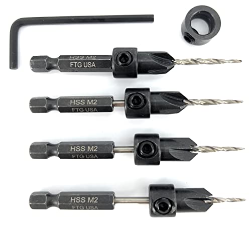 Image of FTG USA #4 (7 /64 inch) Wood Countersink Drill Bit 4-Pc Set with 3 /8 inch Depth Stop | Convenient 4-pack of identical tapered bits for woodworking. Includes an adjustable 3 /8 inch depth stop collar